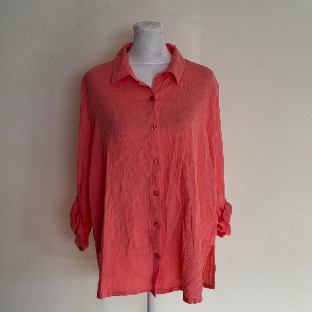 Appleseeds Petites Coral Pink‎ 100% Cotton Crinkle Button Down Shirt PL New